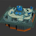Sci-Fi Command Center Console With Blue Circular Top Multiple Screens And Orange Base